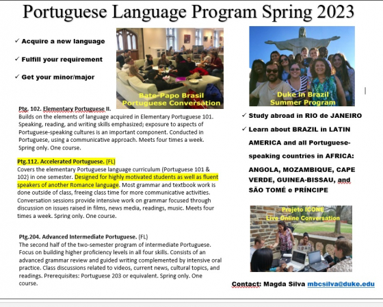 Course flyer for Portuguese Learning Program Spring 2023