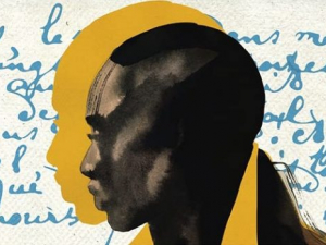 Cover art from La plus secret memoire des hommes. Male profile with yellow outline and a background of blue text.